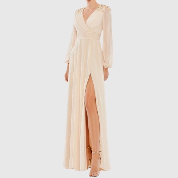 Mac Duggal Porcelain Embellished Shoulder BlousonSleeve Evening Gown - Reemoly